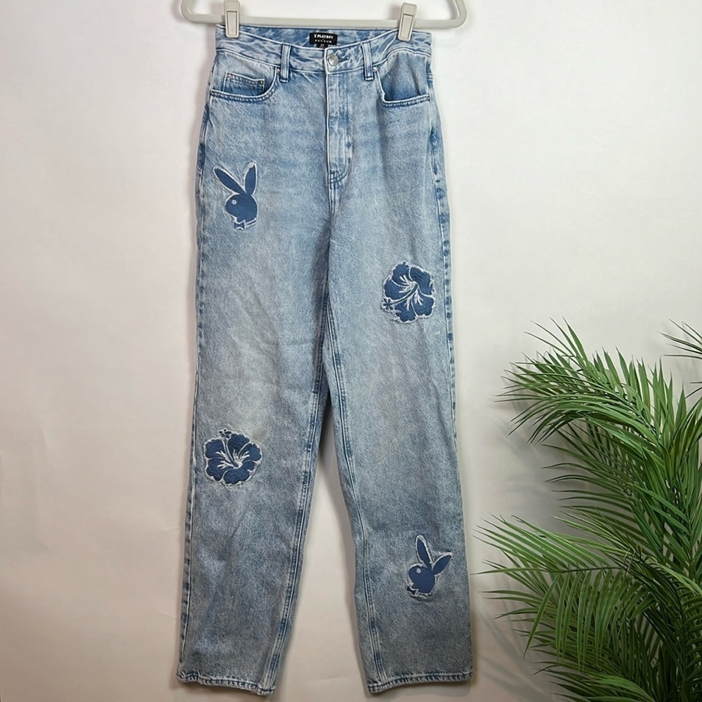 Playboy x PacSun Wide Leg Denim Jeans Light Wash Distressed 27